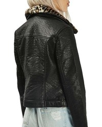 Topshop Faux Leather Jacket With Faux Leopard Fur Collar