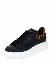 Black Leopard Leather Low Top Sneakers