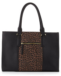 Neiman Marcus Leopard Print Paneled Box Tote Bag Black