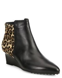 Tod's Leather Leopard Print Calf Hair Point Toe Wedge Booties