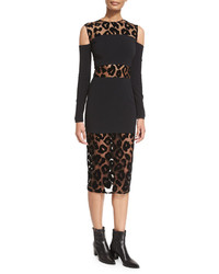 Thierry Mugler Leopard Burnout Cold Shoulder Dress Black
