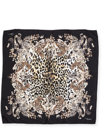 Roberto Cavalli Foulard Leopard Print Silk Square Scarf Black Pattern