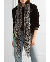 Saint Laurent Leopard Print Cashmere And Silk Blend Scarf Gray