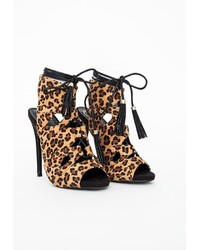 Missguided Valentina Lace Up Tassel Heeled Sandals Leopard