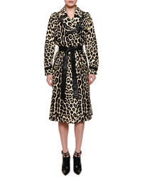 Bottega Veneta Belted Leopard Print Fur Trenchcoat Black