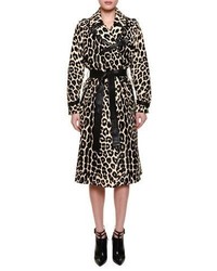 Bottega Veneta Belted Leopard Print Fur Trenchcoat Black
