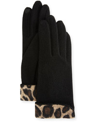 Portolano Leopard Print Cuff Wool Blend Gloves Black