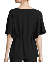 Josie Natori Flutter Sleeve Tie Waist Top Black