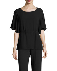 Josie Natori Flutter Sleeve Tie Waist Top Black