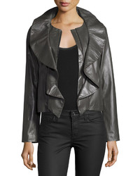 Milly Lightweight Ruffle Collar Leather Jacket Black