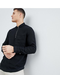 Noak Slim Fit Linen Shirt With Half Zip In Black