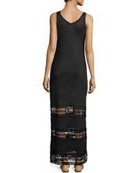 Neiman Marcus Linen Lace Inset Sleeveless Maxi Dress Black