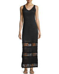 Neiman Marcus Linen Lace Inset Sleeveless Maxi Dress Black