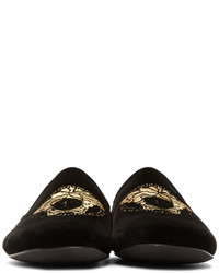 Versace Black Velvet Medusa Slip On Loafers