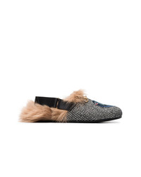 Gucci Fur Herringbone Slippers With Wolf Head