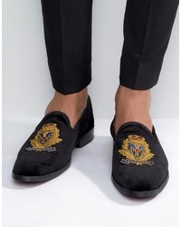 Asos Loafers In Black Velvet With Badge Detail