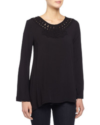 Max Studio Long Sleeve Blouse Wembroidered Trim Black