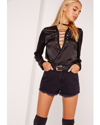 Missguided Lace Up Wrap Over Blouse Black