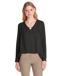NY Collection Long Sleeve V Neck Hi Hel Tab Blouse With Pleating
