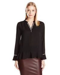 NY Collection Long Sleeve Y Neck Blouse With Pleated Ruffle Hem