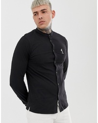 Religion Jersey Shirt With Grandad Collar And Logo In Black