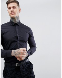 MOSS BROS Moss London Extra Slim Shirt In Black With Embroidery