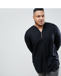 ASOS DESIGN Plus Regular Fit Longline Viscose Shirt In Black With V Neck