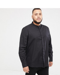 ASOS DESIGN Plus Regular Fit Shirt With Grandad Collar Popper In Black