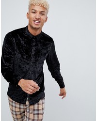 ASOS DESIGN Regular Fit Crushed Velvet Shirt In Black