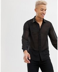 ASOS DESIGN Regular Fit Shirt With Velvet Sequined Collar In Black