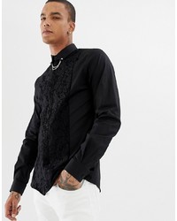 Twisted Tailor Skinny Fit Shirt With Lace Panel And Collar Chain