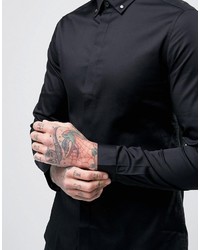 Asos Skinny Sateen Shirt With Stud Button Down Collar In Black