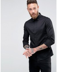 Asos Skinny Sateen Shirt With Stud Button Down Collar In Black