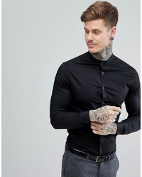ASOS DESIGN Skinny Shirt In Black With Grandad Collar