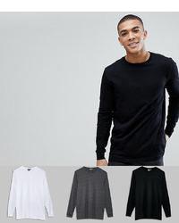 ASOS DESIGN 3 Pack Long Sleeve Longline T Shirt In Black White Charcoal With Crew Neck Save