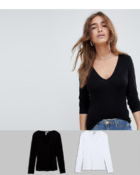 Asos Petite Asos Design Petite Ultimate Top With Long Sleeve And V Neck 2 Pack Save