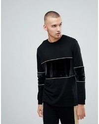 ASOS DESIGN Asos Long Sleeve T Shirt With Velour Panels And Gold Piping In Black