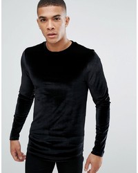 ASOS DESIGN Asos Longline Muscle Long Sleeve T Shirt In Velour With Curved Hem In Black