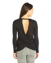 Casual Couture by Green Envelope Black Stretch Knit Long Sleeve Draped Open Back Tee