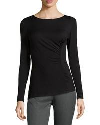 Neiman Marcus Long Sleeve Ruched Jersey Tee Black