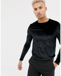 ASOS DESIGN Longline Long Sleeve T Shirt In Velour With Curved Hem In Black