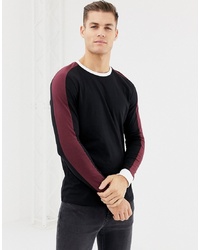 ASOS DESIGN Longline Long Sleeve T Shirt With Contrast Shoulder Panel In Black