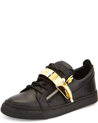 Giuseppe Zanotti Leather Metal Strap Low Top Sneaker Black