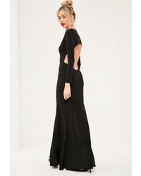 Missguided Black Plunge Long Sleeve Open Back Maxi Dress