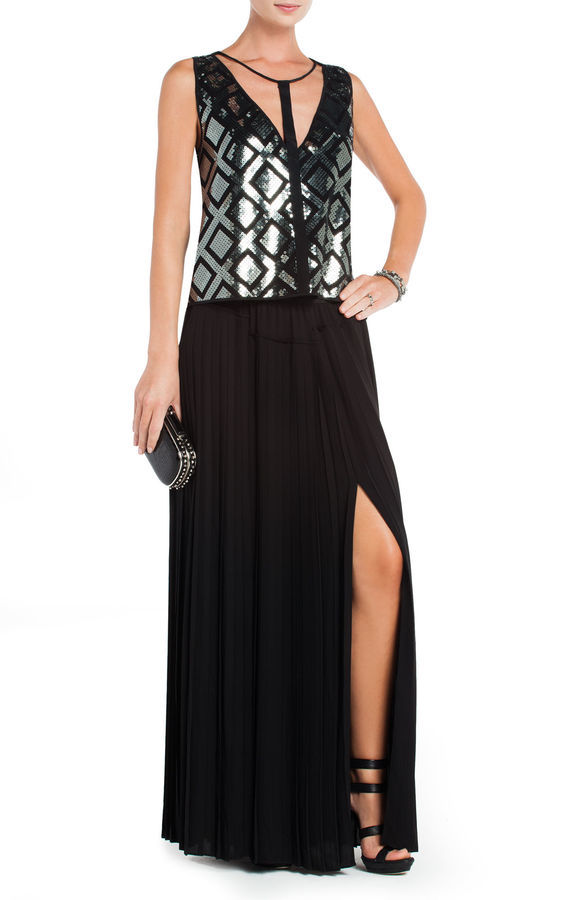 BCBGMAXAZRIA Dillon Pleated Paneled Maxi Skirt 258