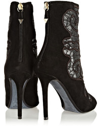 Nicholas Kirkwood Embroidered Mesh And Suede Peep Toe Ankle Boots