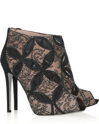 Rene Caovilla Ren Caovilla Embellished Mesh Trimmed Lace Bonded Leather Ankle Boots