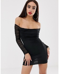 PrettyLittleThing Bardot Bodycon Dress With Ruched Mesh In Black