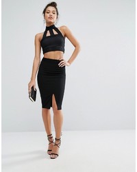 Missguided Mesh Ribbed High Neck Zip Through Bralette Co Ord
