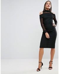Asos Pencil Dress In Rib With Mesh Detail And Cold Shoulder